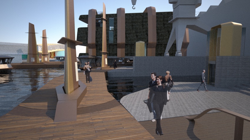 View south along dockside promenade, highlighting the connections and access from the revised dock form. Stairs and lifts provide access from the upper level, whilst the promenades are connected via gangway ramps - as the promenades rise and fall with the tide these allow continuous access for all users
