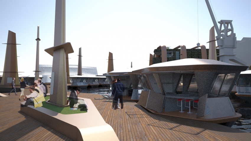 View along north-south market promenade, highlighting the contoured edges of the promenades which help create a secure and stable connection for the stalls. The promenades are free to rise and fall with the tide, with the fixed central node anchors securing the promenades laterally via a profiled sleeve connection