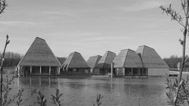 Brockholes Visitors Centre, 2011, Adam Khan Architects. The strong rooflines give a clear presence across the water, whilst their varying forms tesselate well together.